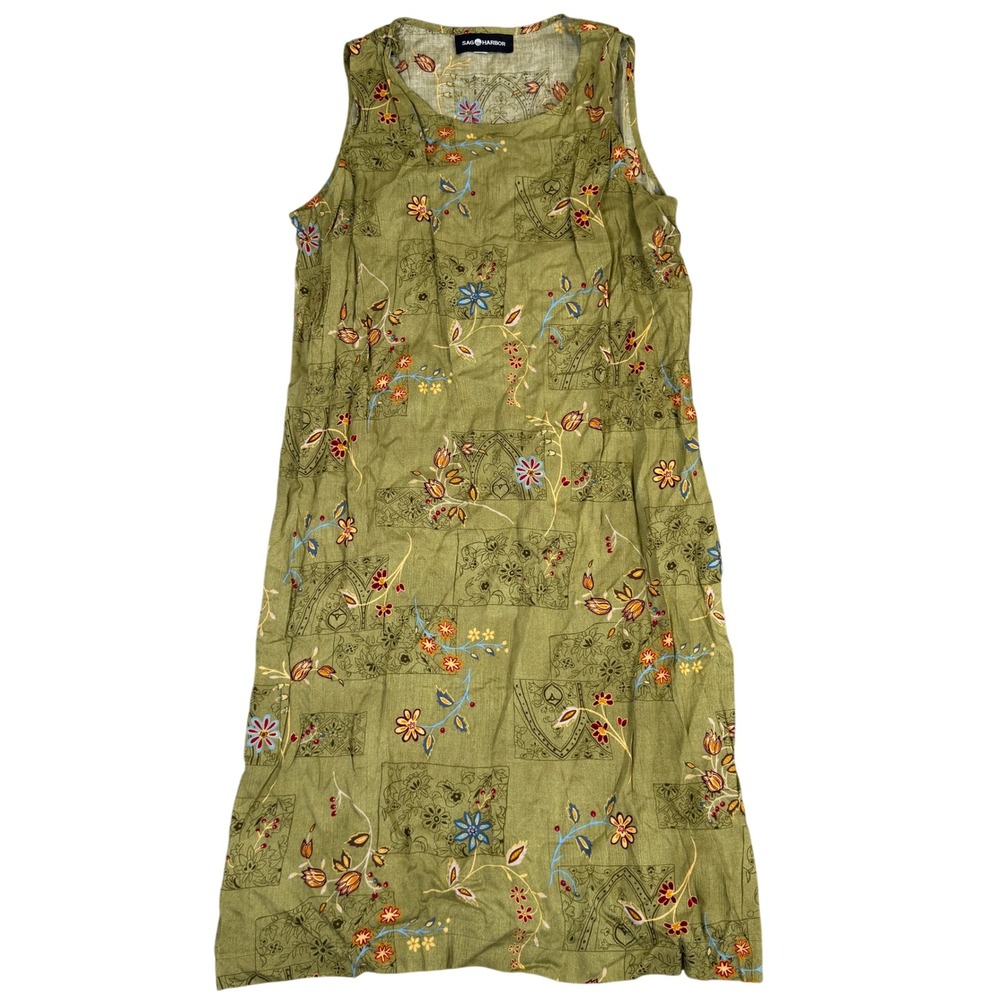 Sag Harbor Olive Green Floral Block Print Sleeveless Shift Dress Round Neck READ